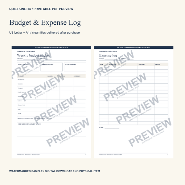 Weekly Budget Tracker & Expense Log | Printable PDF – QuietKinetic