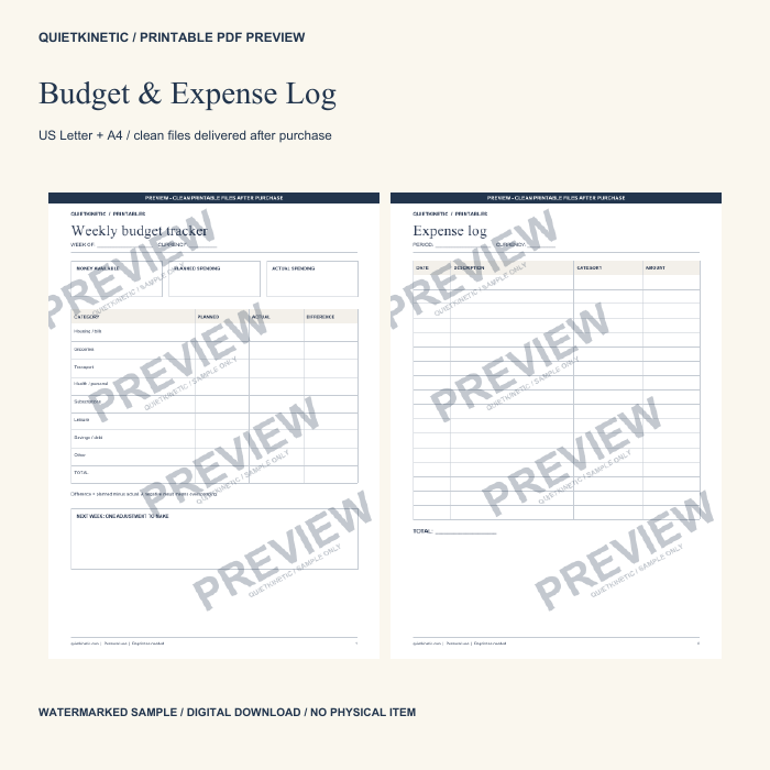 Weekly Budget Tracker & Expense Log | Printable PDF – QuietKinetic