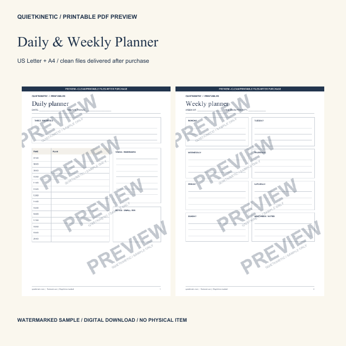 Daily & Weekly Planner | Printable PDF – QuietKinetic