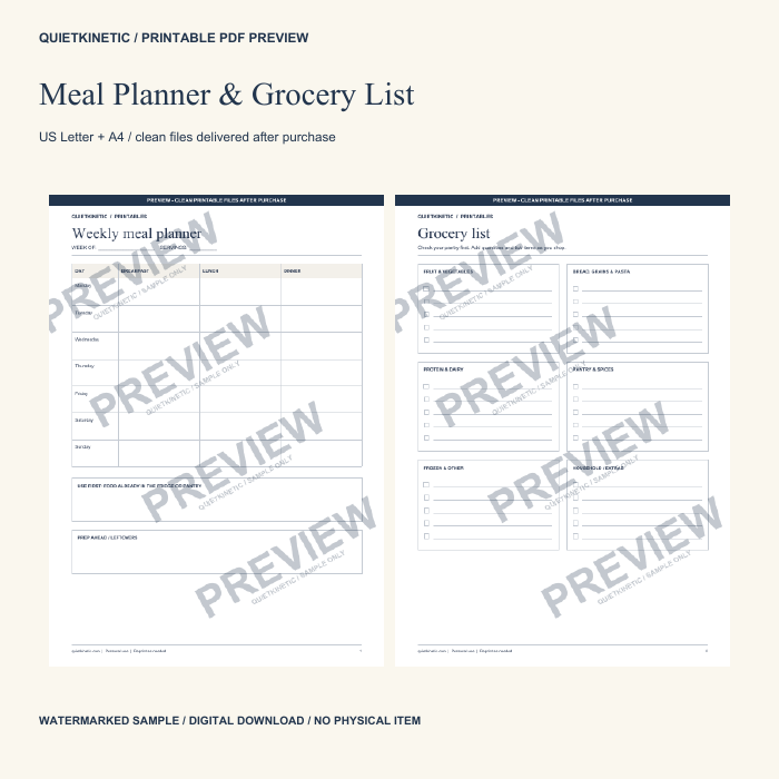 Weekly Meal Planner & Grocery List | Printable PDF – QuietKinetic