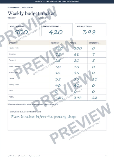 Weekly Budget Tracker & Expense Log | Printable PDF - Watermarked preview page 1