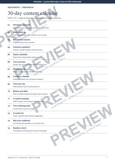 30-Day Content Calendar & Planning Sheet | Printable PDF - Watermarked preview page 1