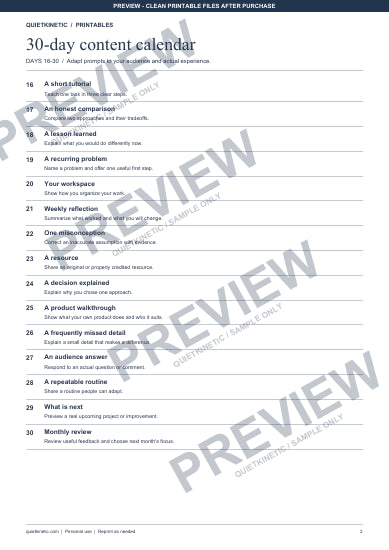 30-Day Content Calendar & Planning Sheet | Printable PDF - Watermarked preview page 2