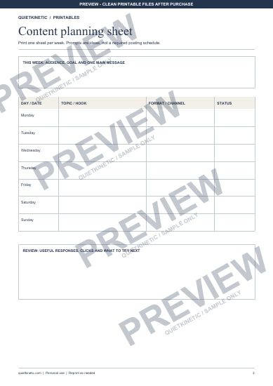 30-Day Content Calendar & Planning Sheet | Printable PDF - Watermarked preview page 3