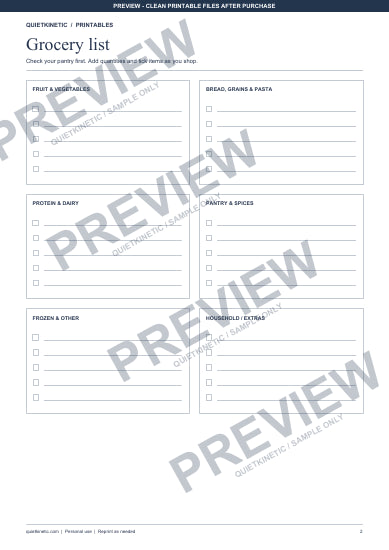 Weekly Meal Planner & Grocery List | Printable PDF - Watermarked preview page 2