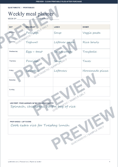 Weekly Meal Planner & Grocery List | Printable PDF - Watermarked preview page 1